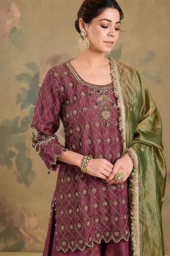 Mauve pink embroidered tissue sharara set