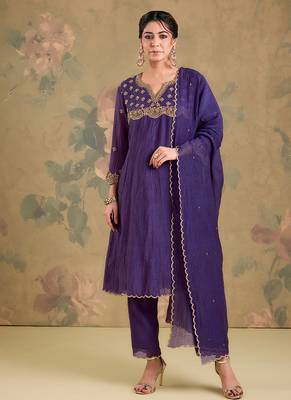 Purple embroidered mul chanderi anarkali set 1