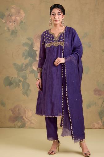 Purple embroidered mul chanderi anarkali set