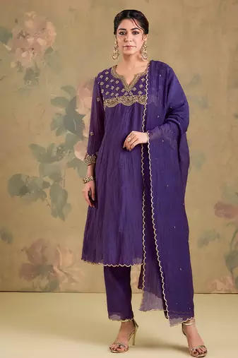 Purple embroidered mul chanderi anarkali set