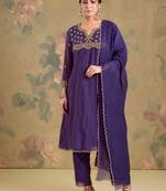 Purple embroidered mul chanderi anarkali set