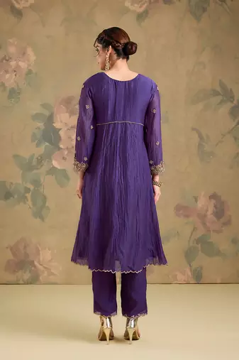 Purple embroidered mul chanderi anarkali set