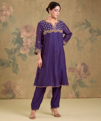 Purple embroidered mul chanderi anarkali set 3