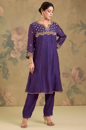 Purple embroidered mul chanderi anarkali set