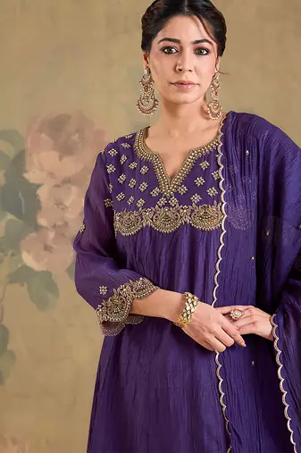Purple embroidered mul chanderi anarkali set