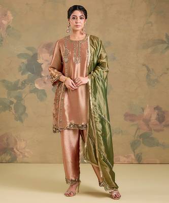 Metallic peach embroidered tissue kurta set 1
