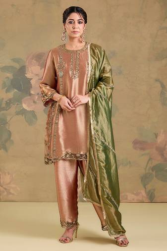 Metallic peach embroidered tissue kurta set
