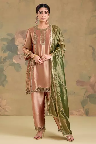 Metallic peach embroidered tissue kurta set