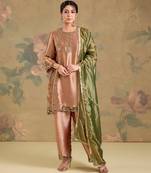Metallic peach embroidered tissue kurta set