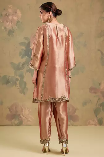 Metallic peach embroidered tissue kurta set
