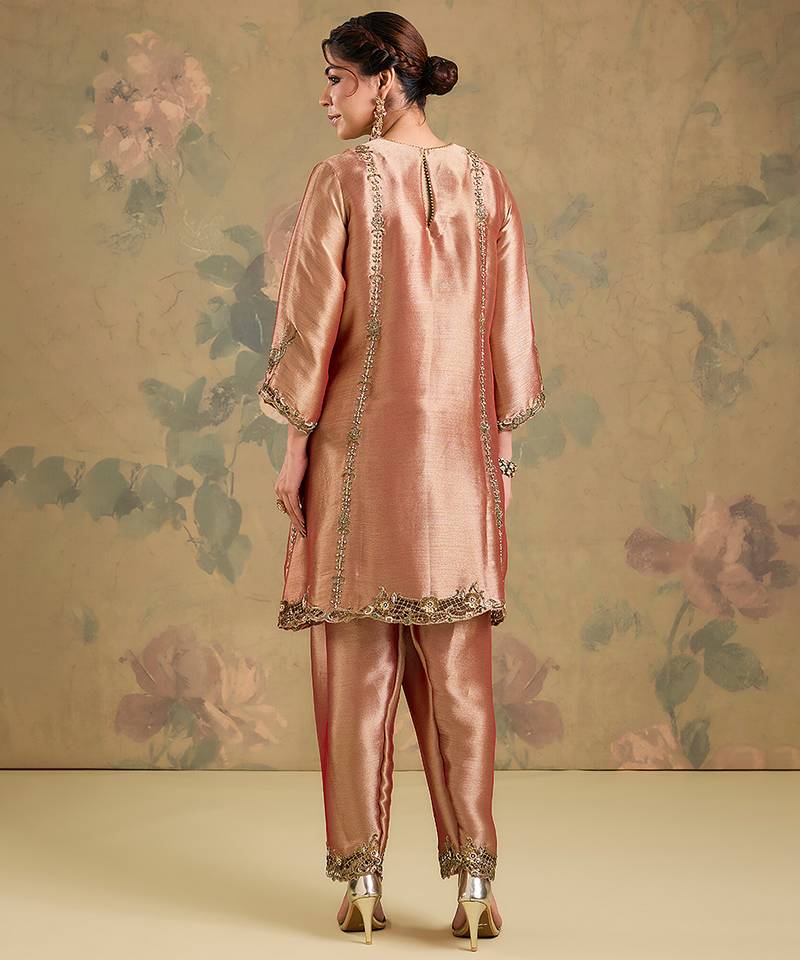 Metallic peach embroidered tissue kurta set