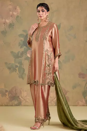 Metallic peach embroidered tissue kurta set