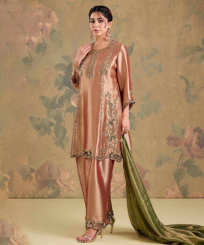 Metallic peach embroidered tissue kurta set