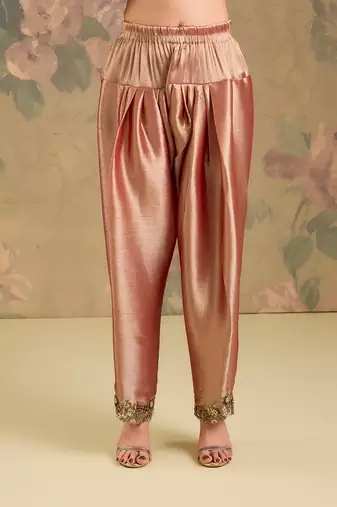 Metallic peach embroidered tissue kurta set