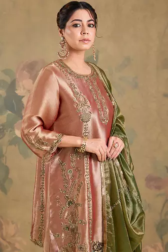 Metallic peach embroidered tissue kurta set