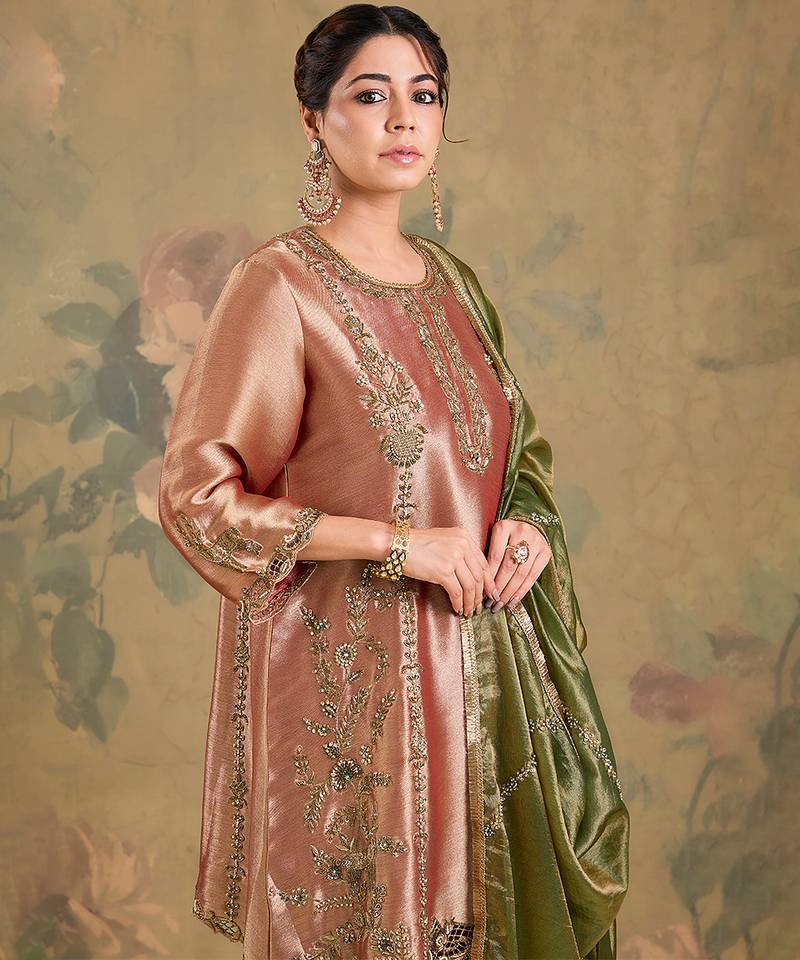 Metallic peach embroidered tissue kurta set