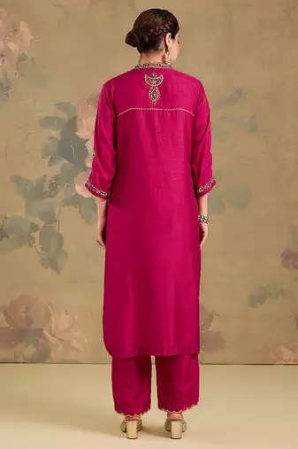 Magenta pink embroidered silk kurta set
