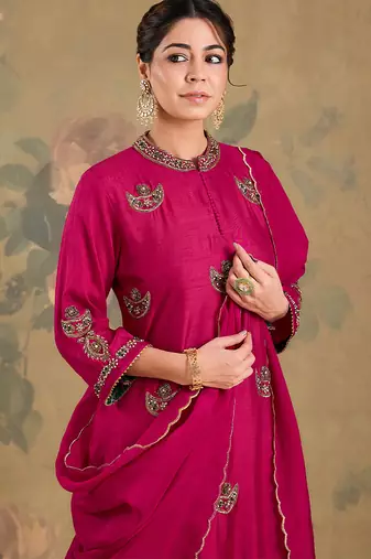 Magenta pink embroidered silk kurta set