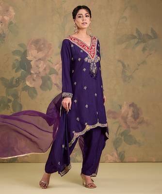 Purple embroidered silk kurta set 1