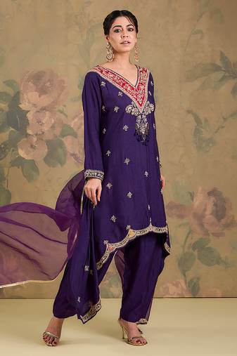 Purple embroidered silk kurta set