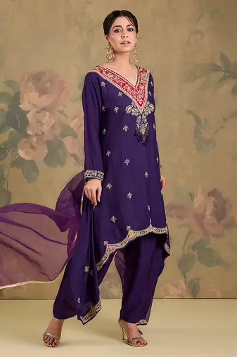 Purple embroidered silk kurta set
