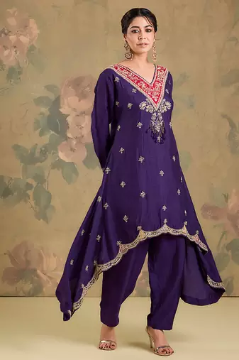 Purple embroidered silk kurta set