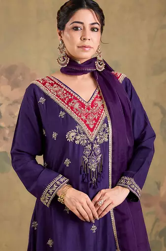 Purple embroidered silk kurta set