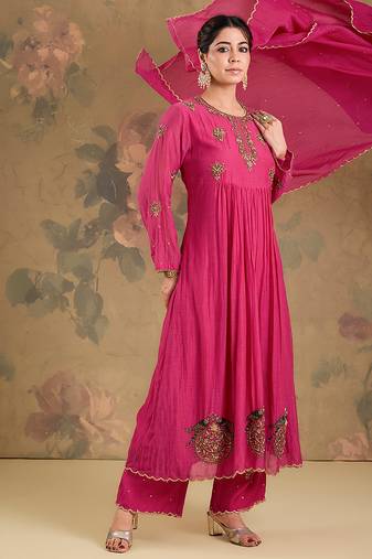 Magenta pink embroidered mul chanderi anarkali set