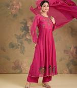 Magenta pink embroidered mul chanderi anarkali set