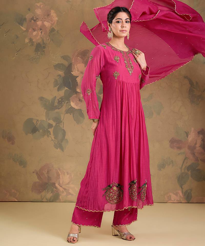 Magenta pink embroidered mul chanderi anarkali set