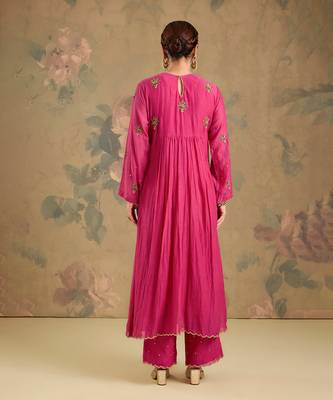 Magenta pink embroidered mul chanderi anarkali set 2