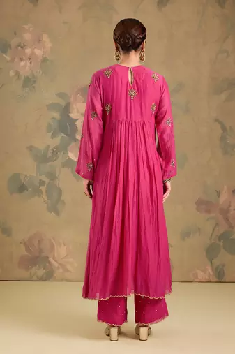 Magenta pink embroidered mul chanderi anarkali set