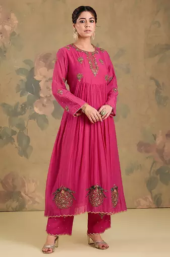 Magenta pink embroidered mul chanderi anarkali set