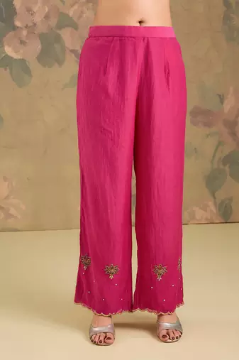 Magenta pink embroidered mul chanderi anarkali set