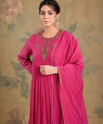 Magenta pink embroidered mul chanderi anarkali set 5