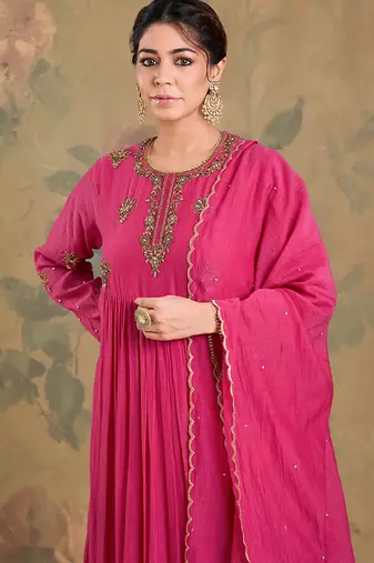 Magenta pink embroidered mul chanderi anarkali set