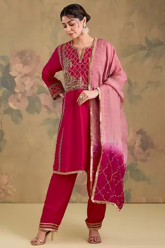 Magenta pink embroidered silk kurta set