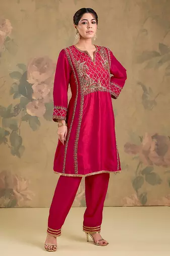 Magenta pink embroidered silk kurta set