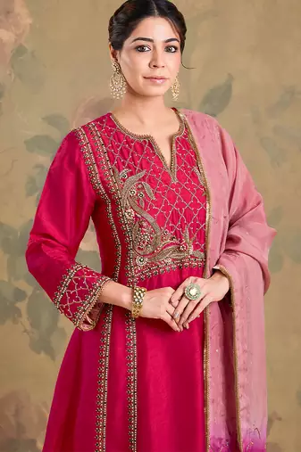 Magenta pink embroidered silk kurta set