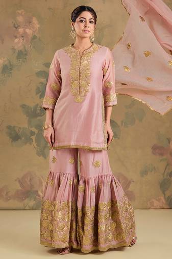 Blush pink embroidered chanderi silk sharara set