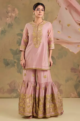Blush pink embroidered chanderi silk sharara set