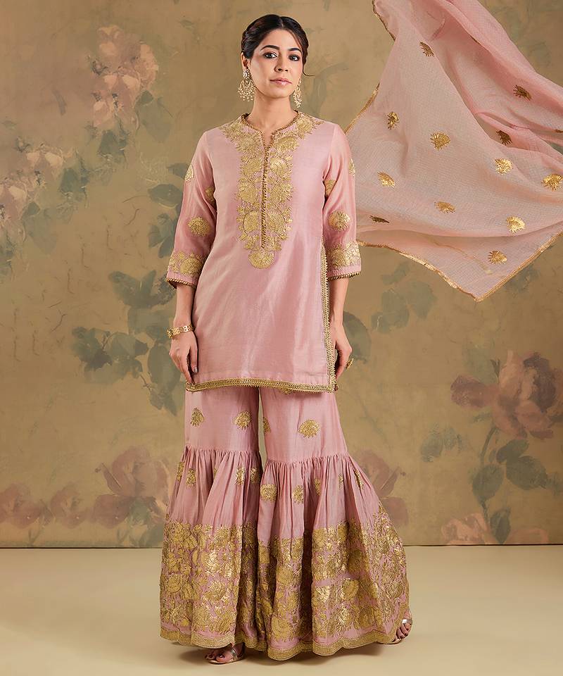 Blush pink embroidered chanderi silk sharara set