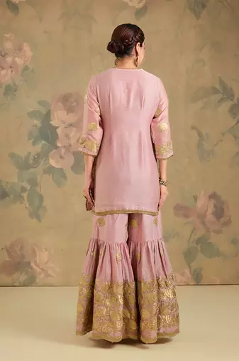 Blush pink embroidered chanderi silk sharara set
