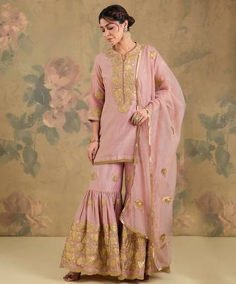 Blush pink embroidered chanderi silk sharara set 3