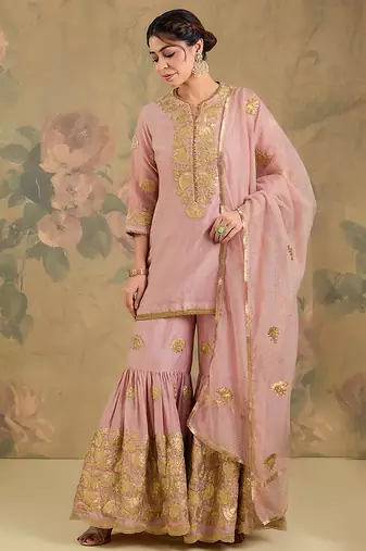 Blush pink embroidered chanderi silk sharara set