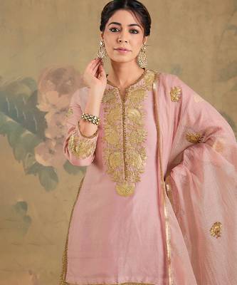 Blush pink embroidered chanderi silk sharara set 5
