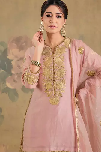 Blush pink embroidered chanderi silk sharara set