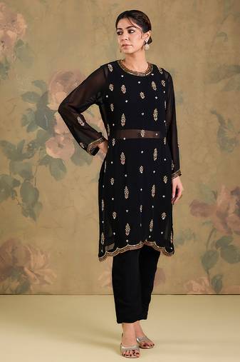 Black embroidered georgette co ord set
