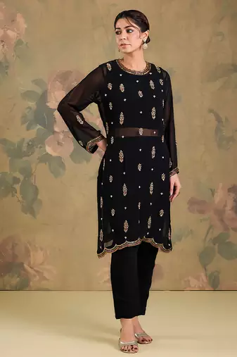 Black embroidered georgette co ord set