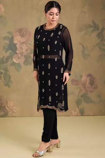 Black embroidered georgette co ord set